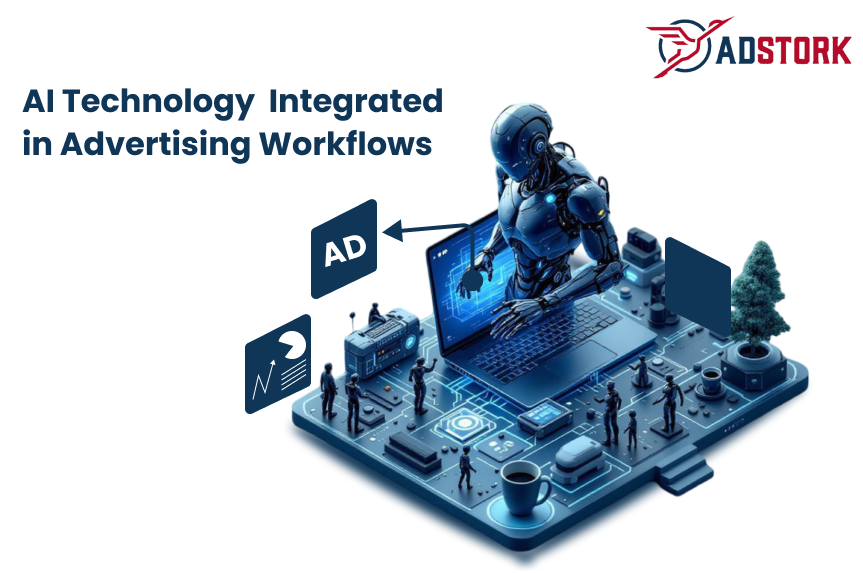 Robotic figure emerging from a laptop, surrounded by miniature people and digital marketing icons like an ad symbol and a chart, representing AI integration in advertising.