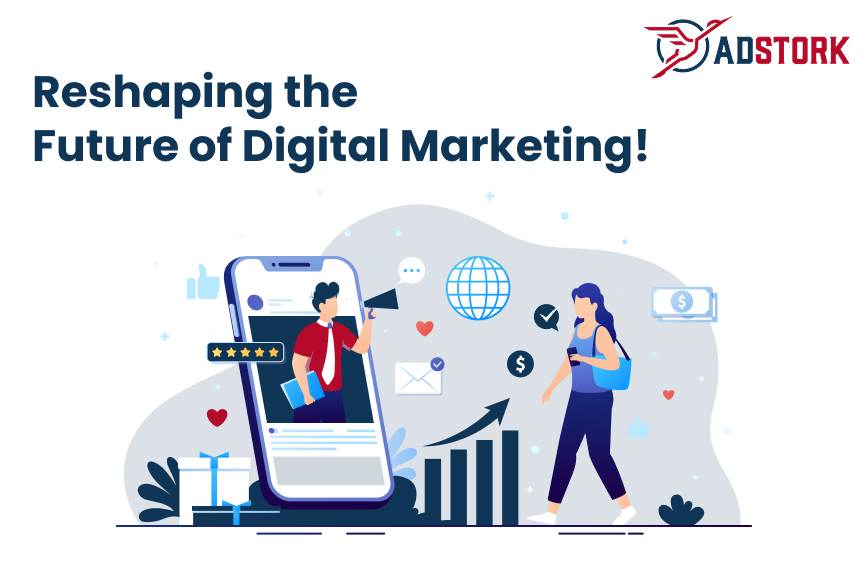 Digital marketing illustration with a large smartphone, a person, global icon, money symbols, and a growth chart.